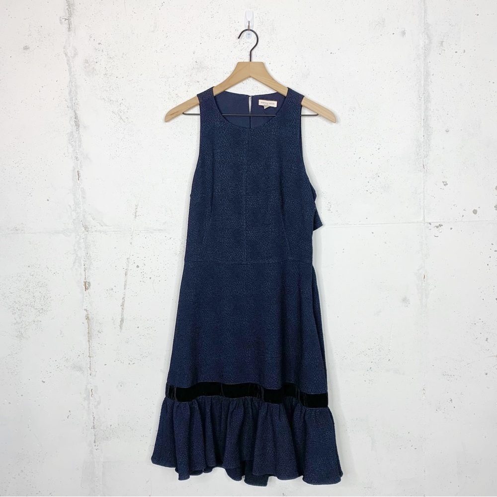 Rebecca Taylor Textured Ruffle Open Back Sleeveless Navy Blue Dress